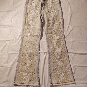 Frosted Denim and Lace Stretch Boot Cut Mid Rise Jeans with Frayed Hem